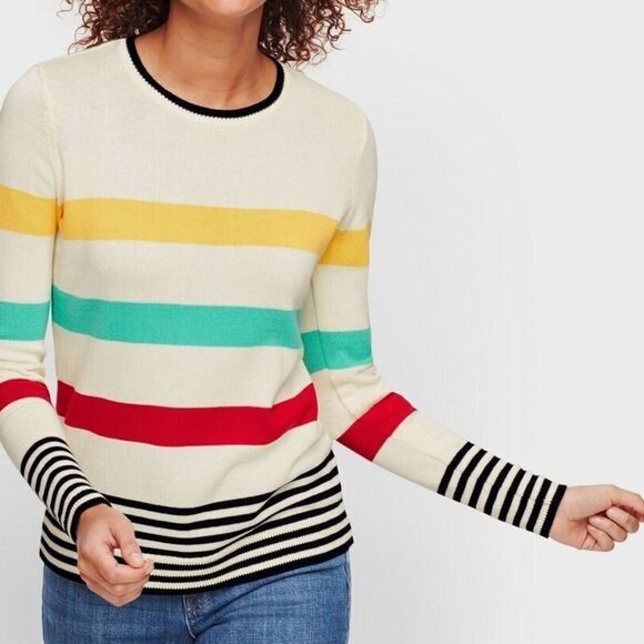 Talbots Pima White Yellow Red Green cotton stripe sweater Pullover - Picture 1 of 6